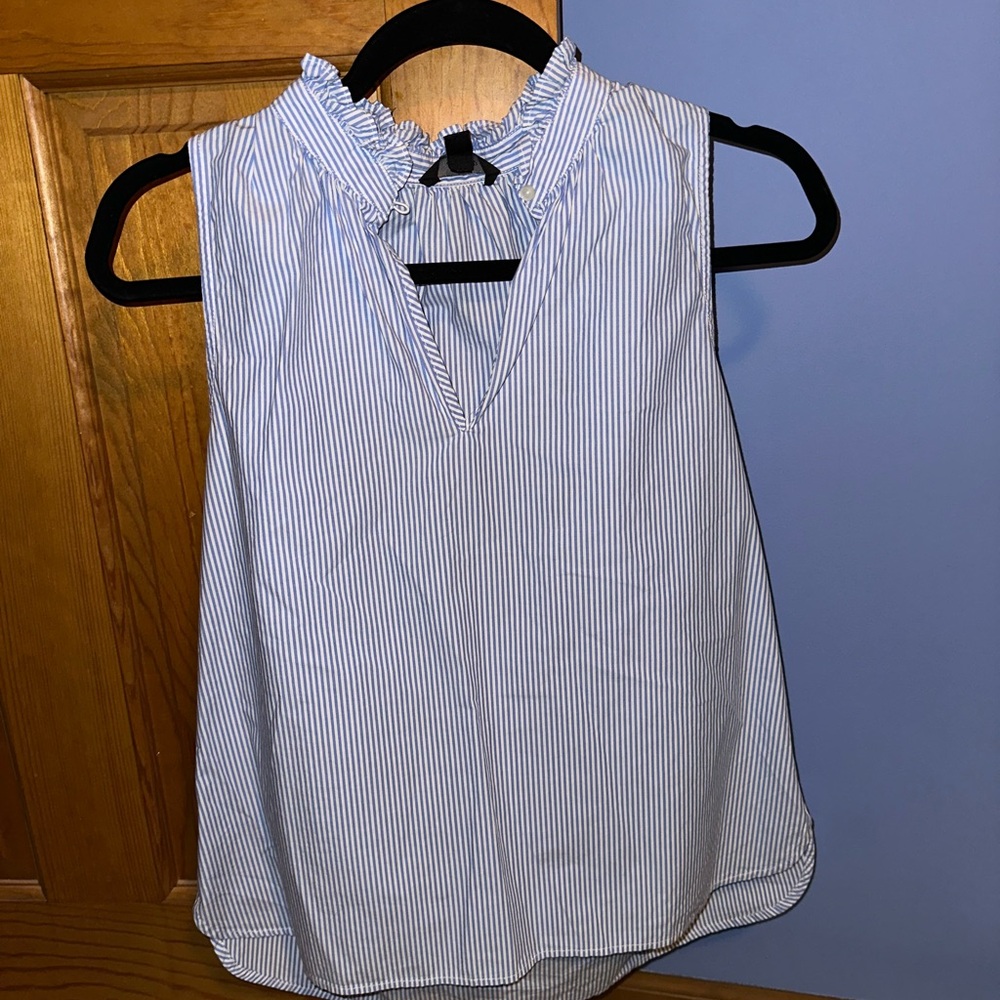 J. Crew White Ruffled Mandarin Collar Blouse